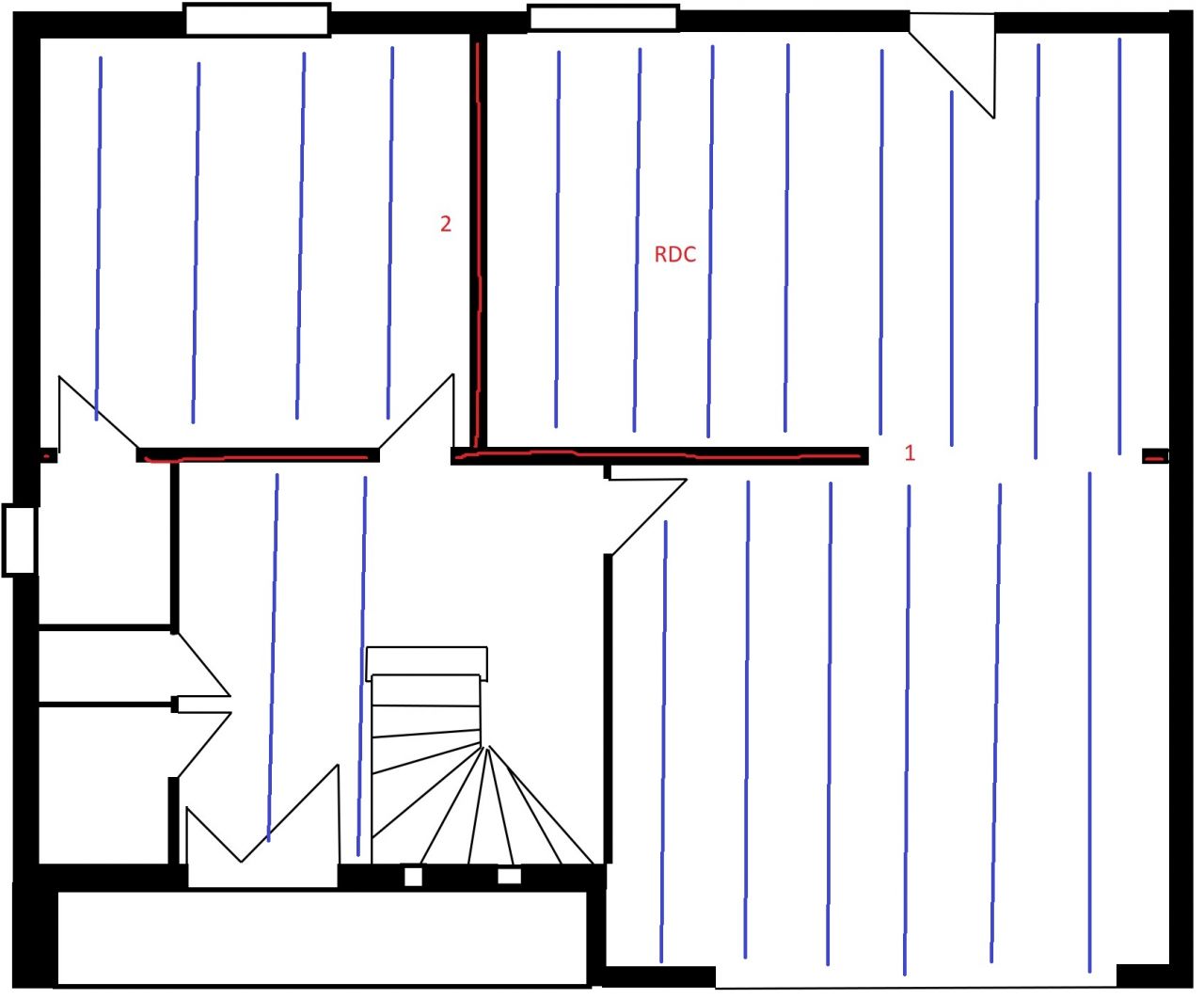 Plan du rdc avec les murs porteurs et les poutrelles identifies