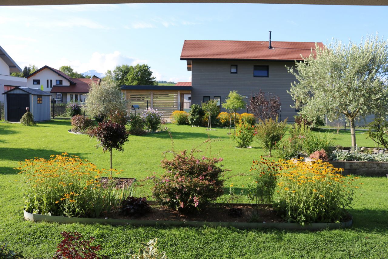 On revient chez nous, vue du jardin en septembre (au fond les nouvelles maisons du lotissement)