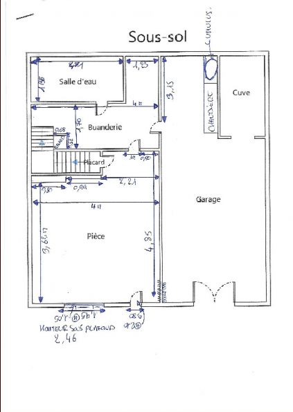 plan cot, maison des annes 50-60. Sinistre au plafond de la zone "cuve", sous l'escalier et porche d'accs extrieur