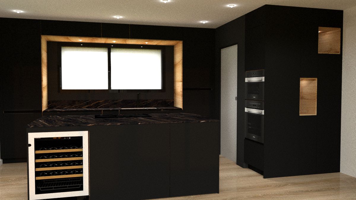 Vue 3D de la cuisine avec des murs foncs et encadrement de fentre identique aux niches
