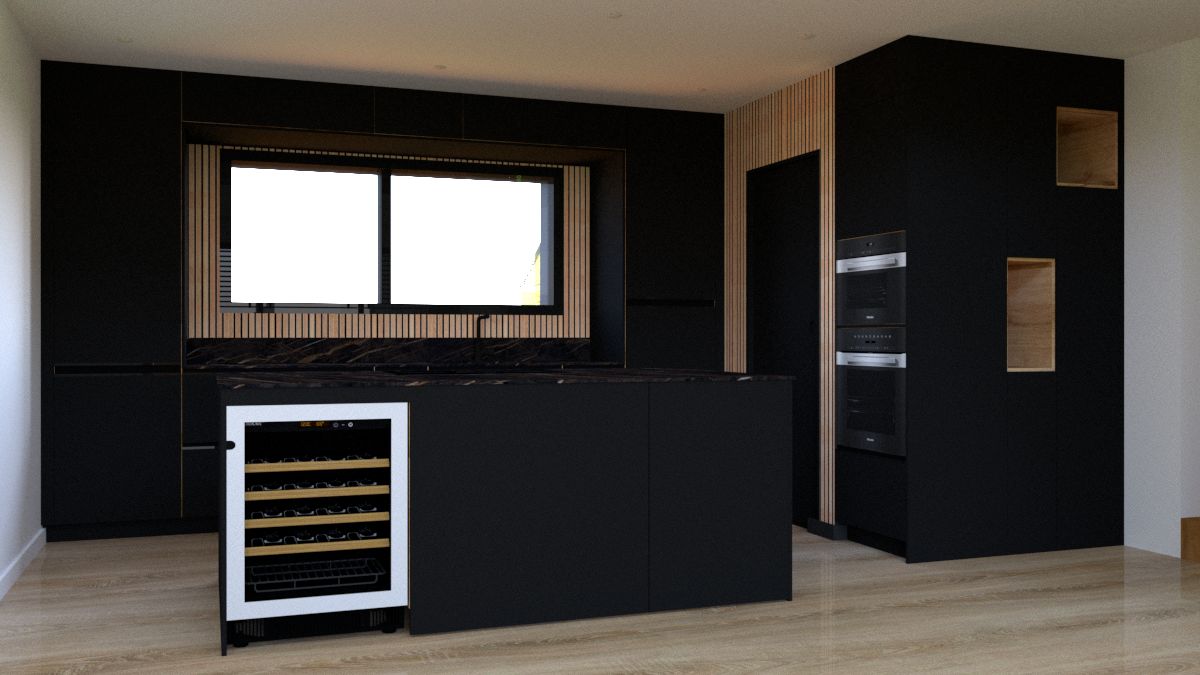 Vue 3D de la cuisine avec des lattes en bois sur les murs et la porte de l'office peinte en noir