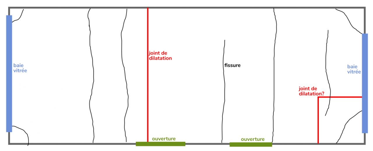 Plan pice  carreler (10.2 x 4.5 m). Emplacement des fissures et joints de dilatation de la dalle