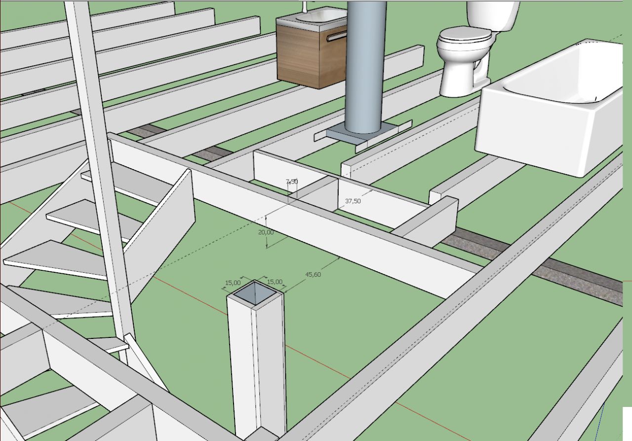 Visualisation 3d de la structure des poutres autour de la trmie, avec meubles salle de bain derrire