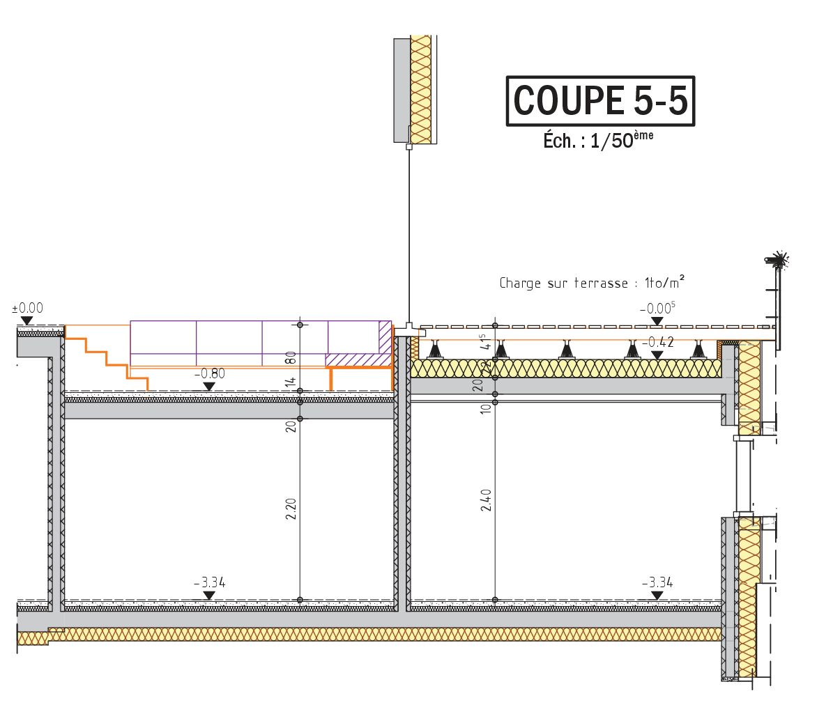 Coupe longitudinale dans salon en dcaiss et toiture terrasse