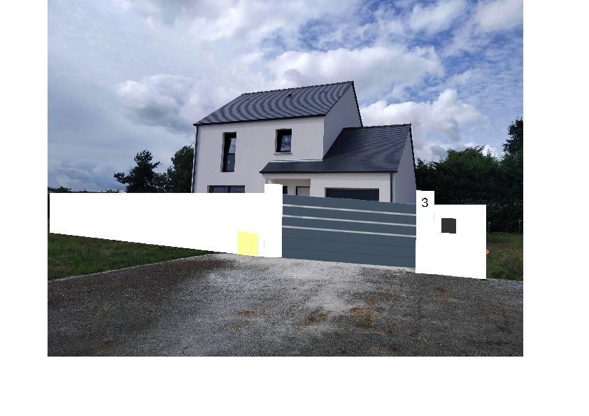 Projection faite maison pour la déclaration de travaux avec portai coulissant alu de 5m entre 2 poteaux de 2m, mur de 1,8m.