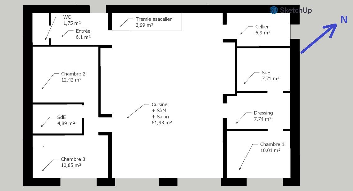 Plan de maison (avec surfaces) 3 chambres dont une suite parentale