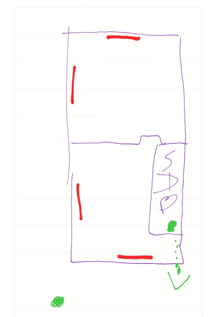 Plan de situation des fentres (rouge) et emplacement extracteur (vert)