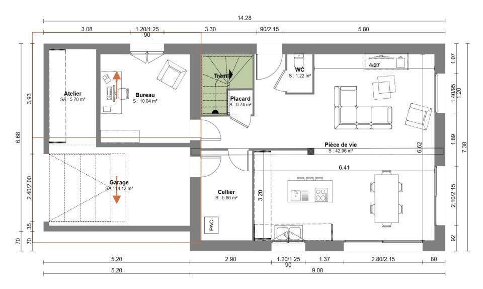 Nous voulons faire des modifications  ce plan.
<br />
- Entre : prolonger la cloison et avancer les WC pour avoir un espace de rangement supplmentaire + Enlever la cloison sous les escaliers pour avoir galement du rangement. 
<br />
- Cuisine nous ne pensons pas mettre d'ilot central, plutt avoir une cuisine en U avec une verrire au niveau du mur. 
<br />

<br />
- Cot cellier en plus de la <a href=