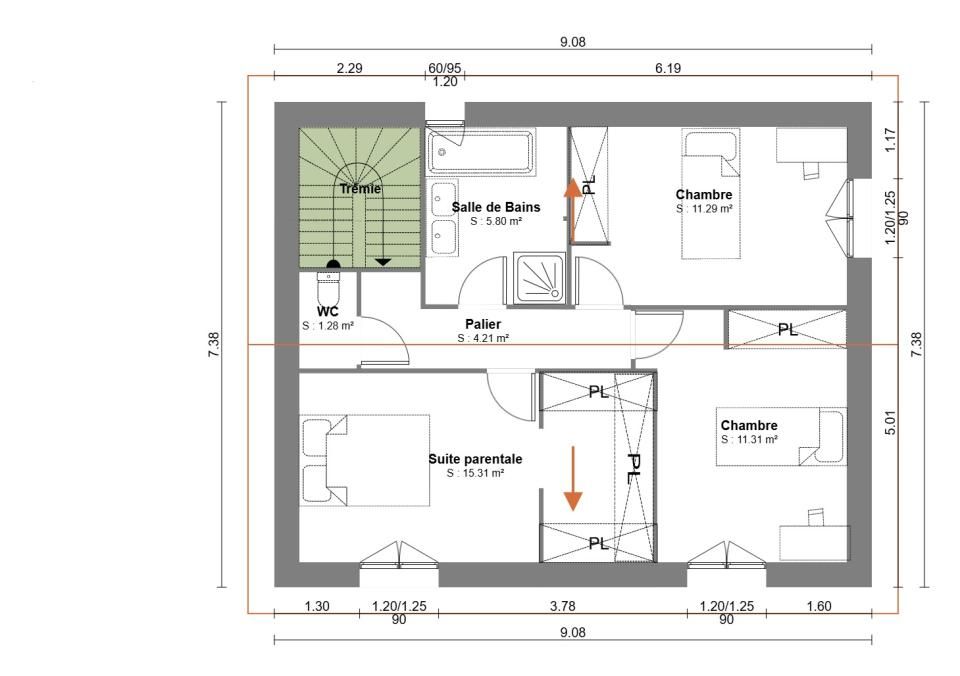 Au premier tage nous rflchissons  ragencer la chambre parentale, nous pensons qu'il y a trop de perte au niveau du dressing et souhaitons optimiser au maximum le rangement
<br />

<br />
- Salle de bain nous allons augmenter la taille de la sdb, car j'ai peur qu'il n'y ai pas assez d'espace. C'est la seule sdb de la maison .. Ce qui va diminuer la taille des 2 autres chambres des enfants.