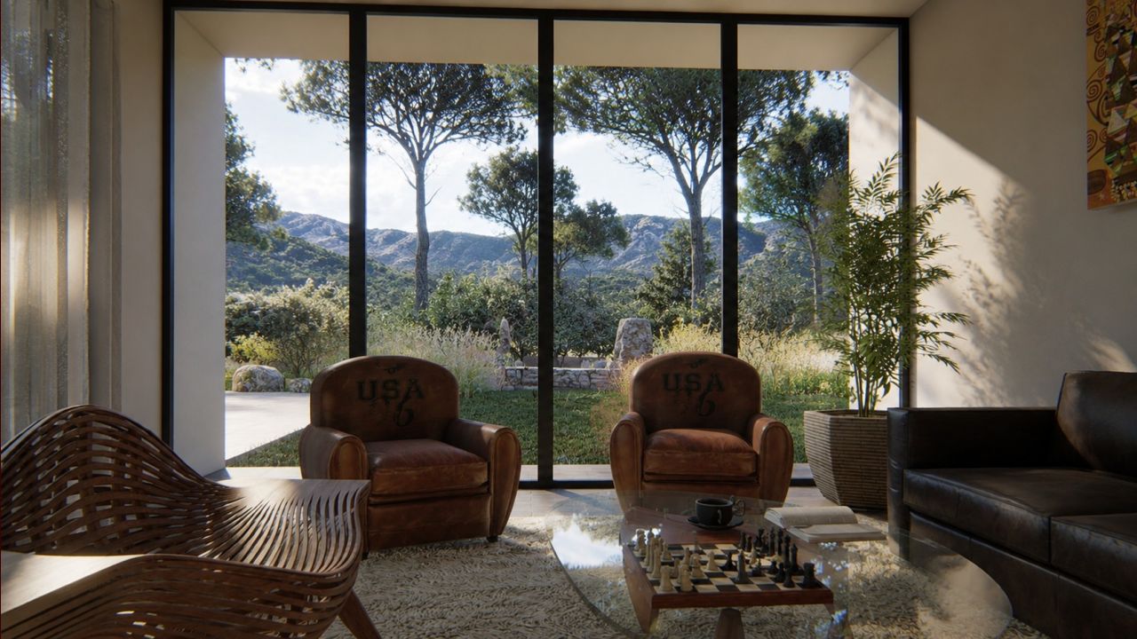 Salon d?une maison contemporaine à Nîmes largement ouvert sur un jardin méditerranéen et le paysage