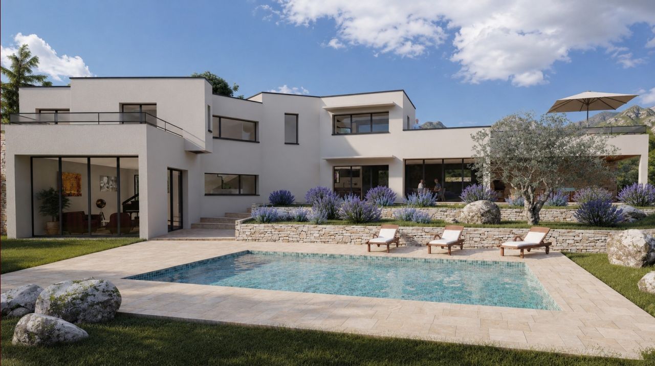 Vue générale d?une maison contemporaine à Nîmes avec piscine, terrasses et jardin méditerranéen