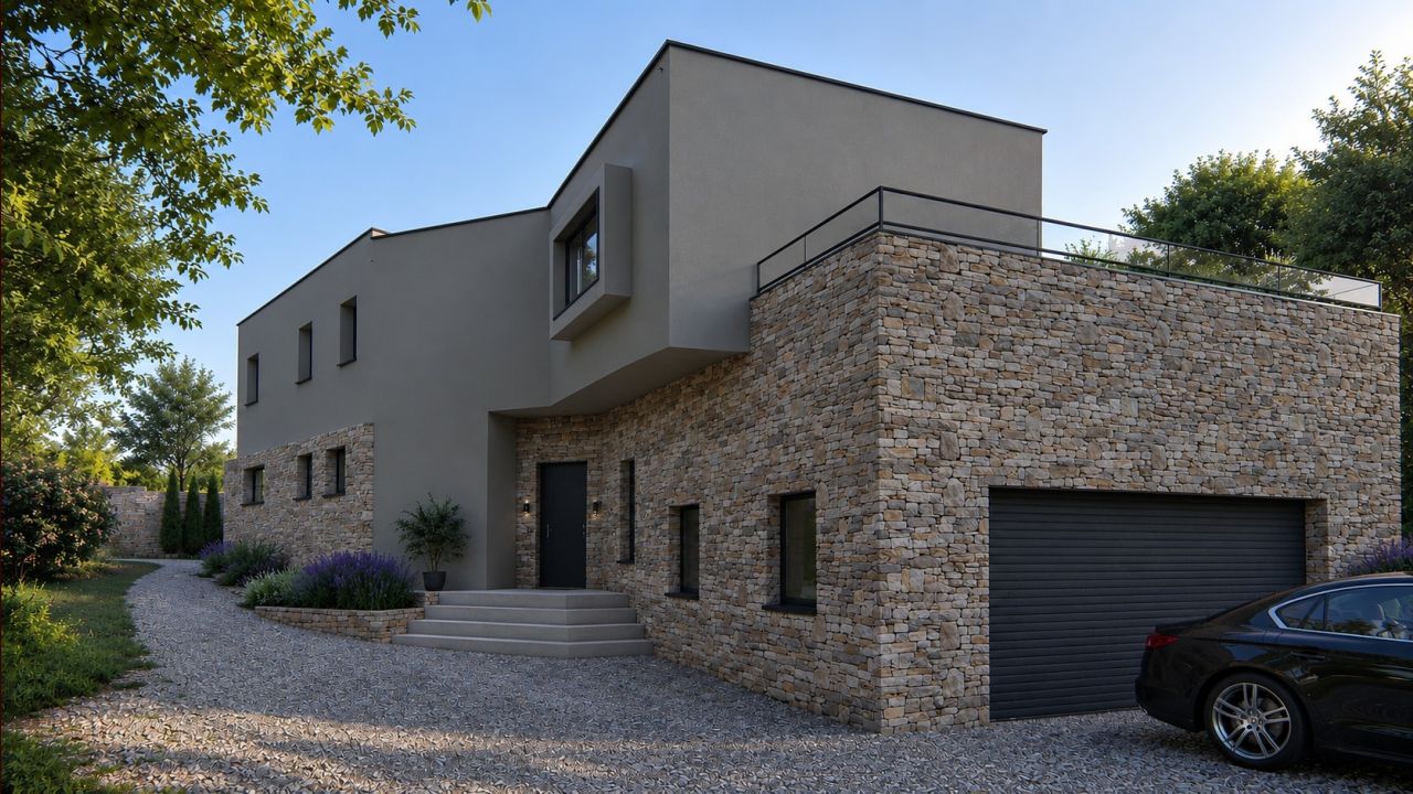 Entrée d?une maison contemporaine à Nîmes associant volumes enduits et parement en pierre naturelle