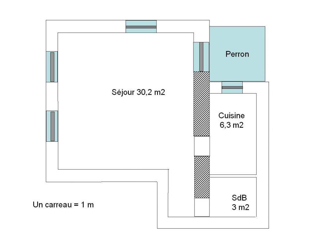 Donc, c'est le plan, reconstitu aprs 3 visites. Gros mur porteur entre sjour et cuisine-SdB avec pont thermique puisqu'il descend  la cave et sort dehors au dessus.
<br />

<br />
La SdB est "borgne" , mais j'ai pens ouvrir une large baie vitre dpolie dans la cloison qui spare de la cuisine, claire par une porte fentre de 2.5 m de haut sur 80 de large.
<br />

<br />
 C'est un studio , c'est pas Versailles !!!