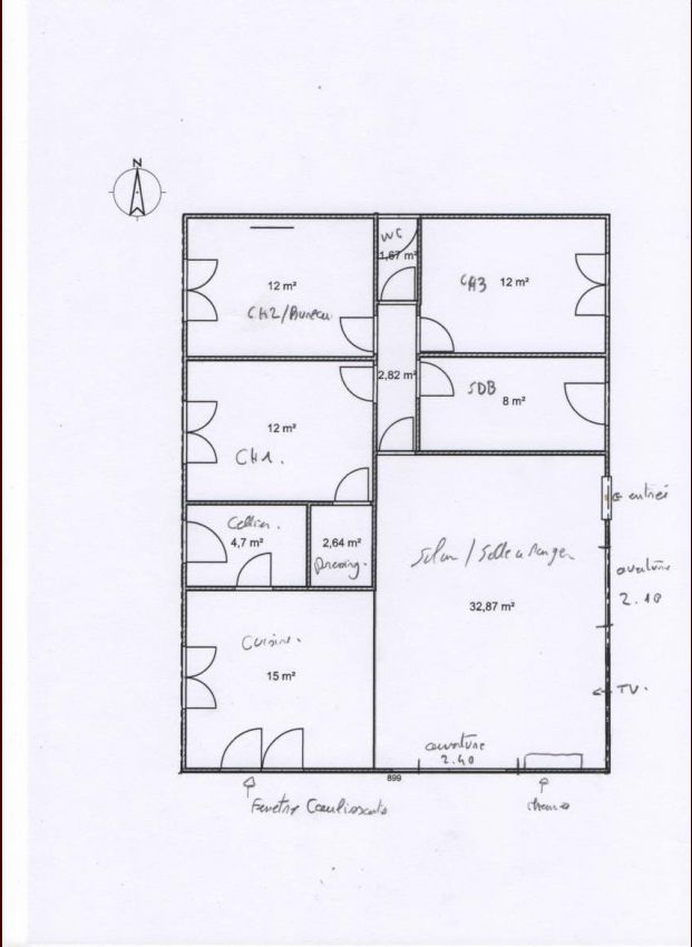 Ci joint plan maison modifi de 90m a 103.70 m.
<br />
SDB agrandis a 8m et porte sur couloir.