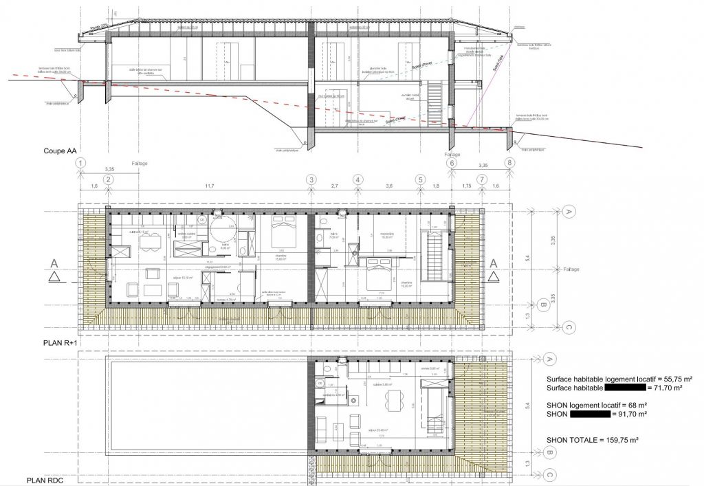 Plans et coupe avec marquage du terrain naturel