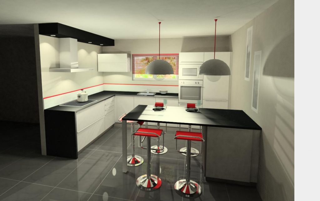 La cuisine: meubles stratifies blanc brillant et plan en granit noir - Schmidt