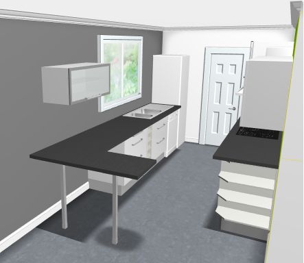 implantation de la cuisine
<br />
vue depuis le sjour-salon
<br />
faades blanches et plan de travail noir de chez IKEA