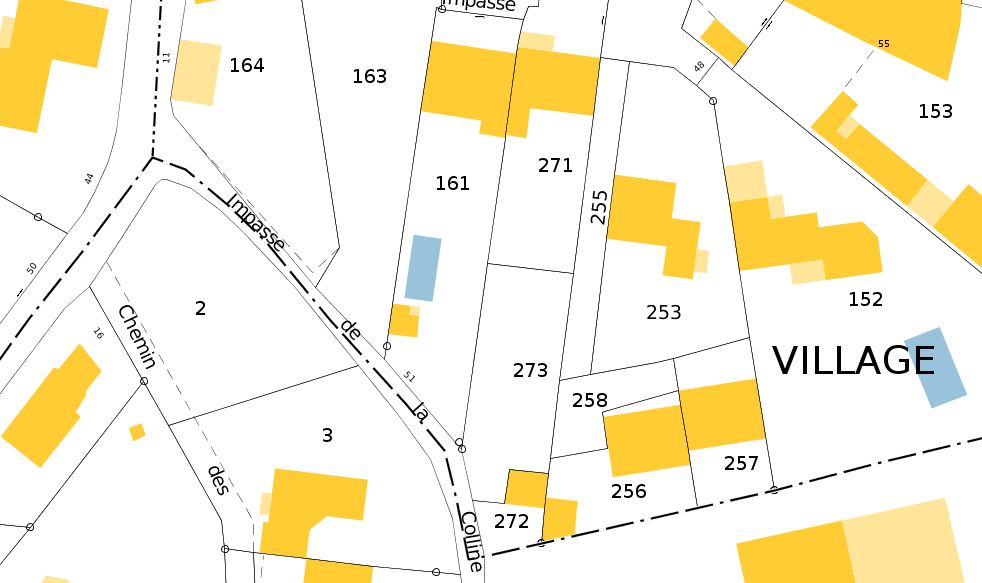 Plan du cadastre. C'est le terrain n 273
<br />
Nous serons en limite de proprit des 2 cts (est/ouest) et laisserons seulement 4 mtres derrire pour avoir tout le jardin en plein sud (le plan a le nord en haut)