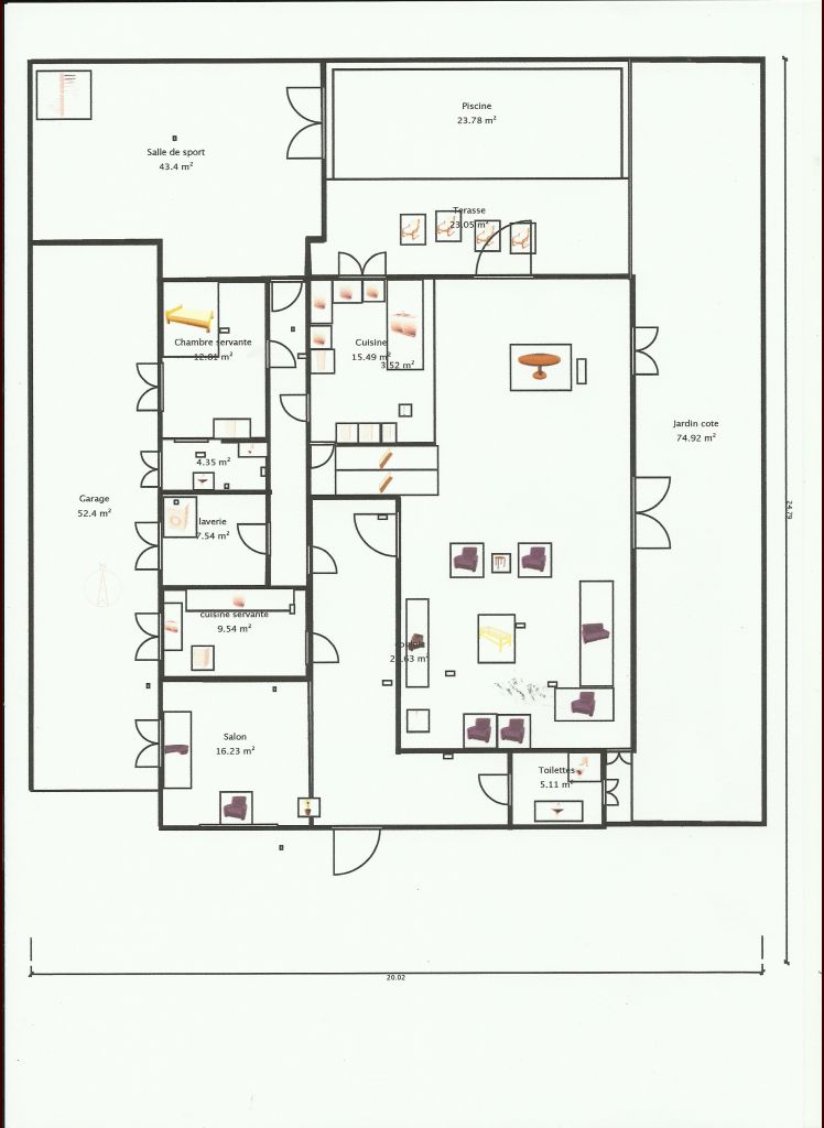 Le plan du rez de chaussee comporte 2 salons, 2 toilettes 2 cuisines 1 chambre 1 laverie 1 salle a manger 1 salle de sport 1 terrasse 1 piscine