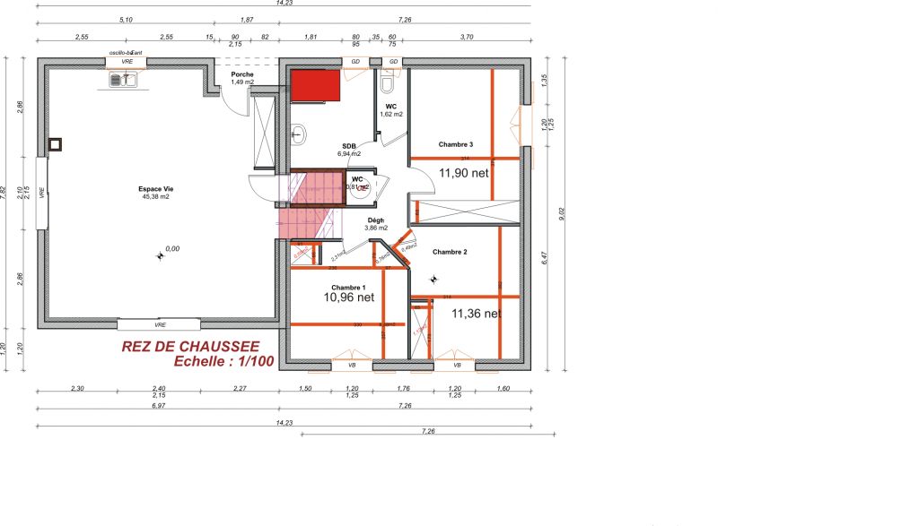 Seconde maquette, avec cloison en biais pour entre chambre N2