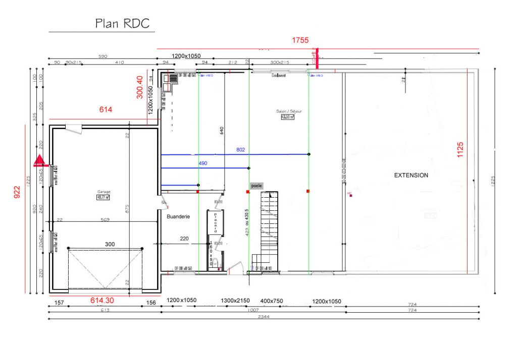 Plan poutre en vert et  poteaux en carr rouge