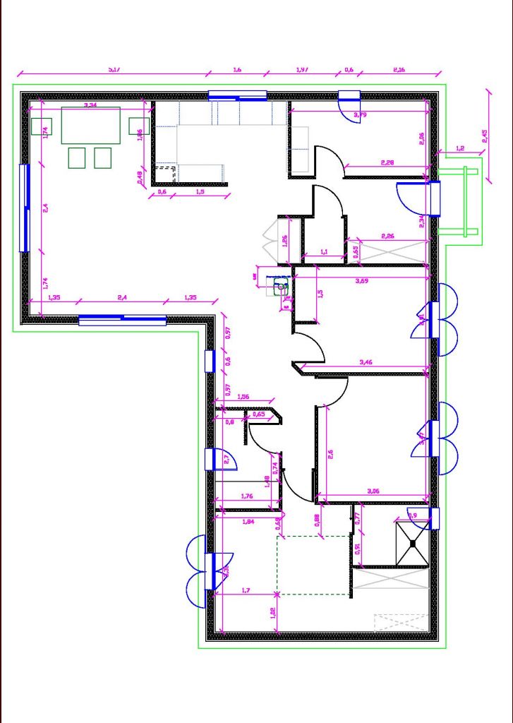 Plan version 6.0 : l'original ! Avec un grand cellier, comme nous l'avons toujours voulu. Mais notre grande cuisine empiette beaucoup sur l'espace salle  manger. D'o une version 6.1.