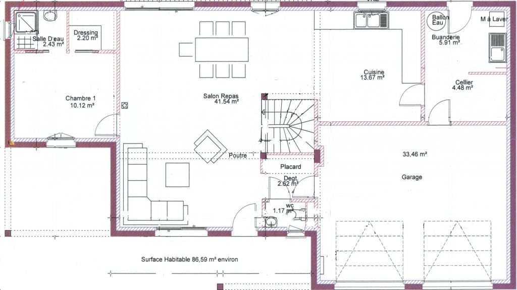 Rez-de-chausse de la maison avec agrandissement: garage double, cellier, buanderie