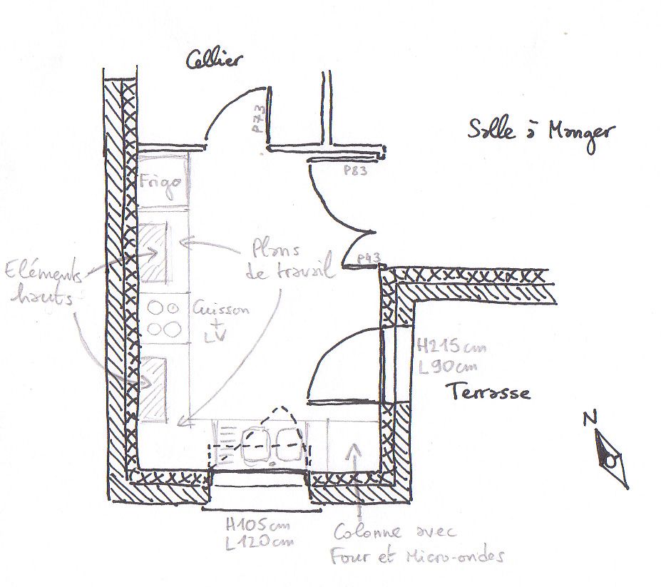 Croquis de plan de cuisine, n'ayant pas vocation  tre trs prcis, ni dfinitif.