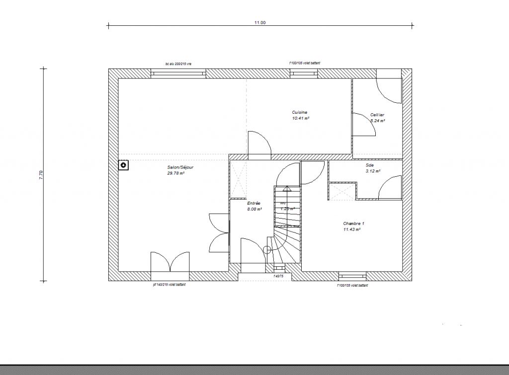 plan du rez de chausse avec entre ferme, 1 chambre, salon/sjour,cuisine, cellier, le garage sera mis un peu plus tard cot nord, la maison fera une faade de 11m par 7,70mtres.