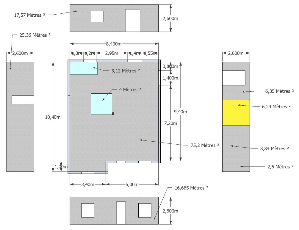 Plan pour le calcul précis de la surface d'isolant et de placo. Ici: RDC.