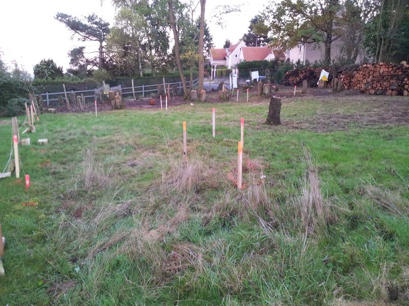 Marquage du terrain par des piquets pour le terrassement