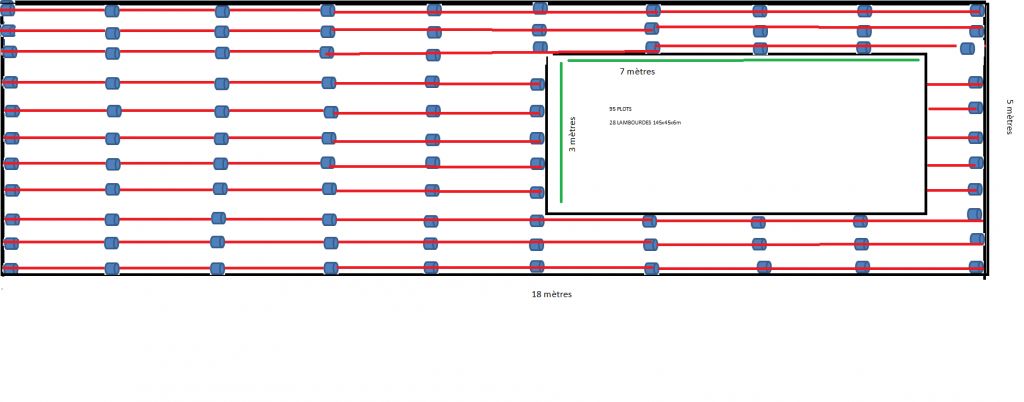 Plan de la terrasse, plots de 70 cm de haut par 30 cm de diamtre et lambourdes en 45x145 tous les 40 cm...