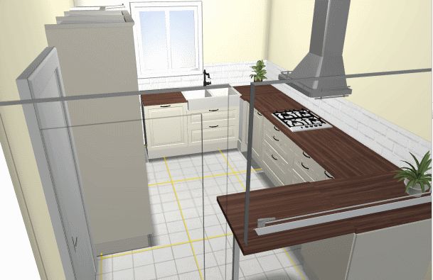 Vue 3D de notre future cuisine, depuis l'entrée.