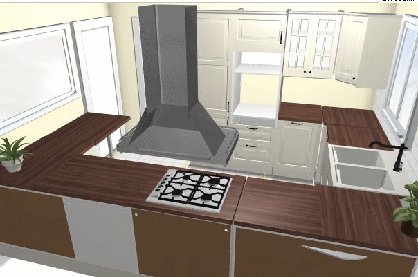 Vue 3D des meubles hauts de notre future cuisine (façades Lidingö et plan de travail motif noyer PRÄGEL)