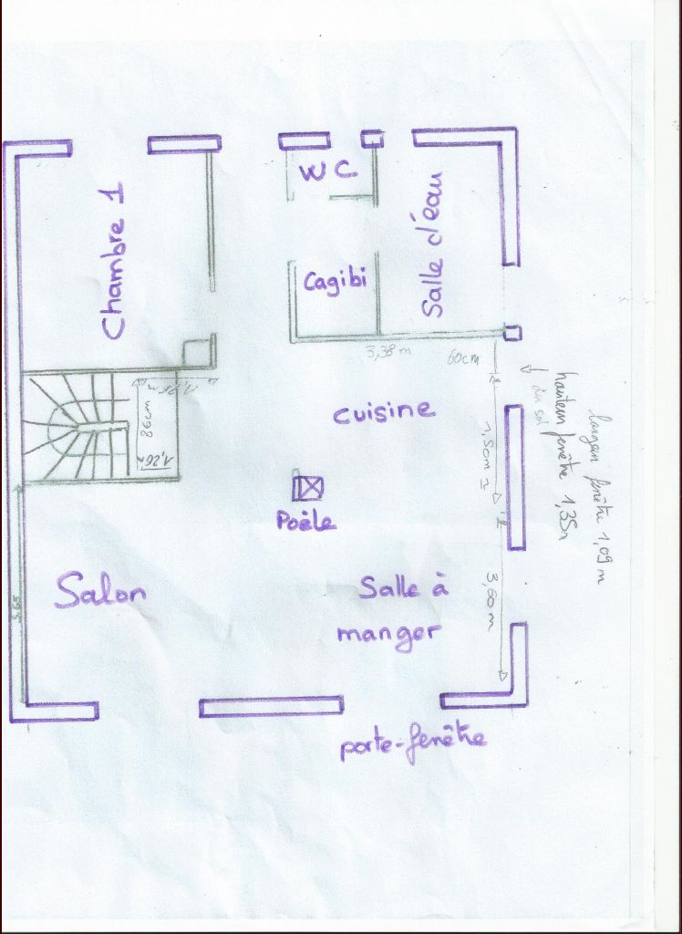 Plan fait mains calqu sur l'ancien en otant murs et cloisons que nous allons ouvrir et abattre.
<br />

<br />
Surface rdc environ 60m.