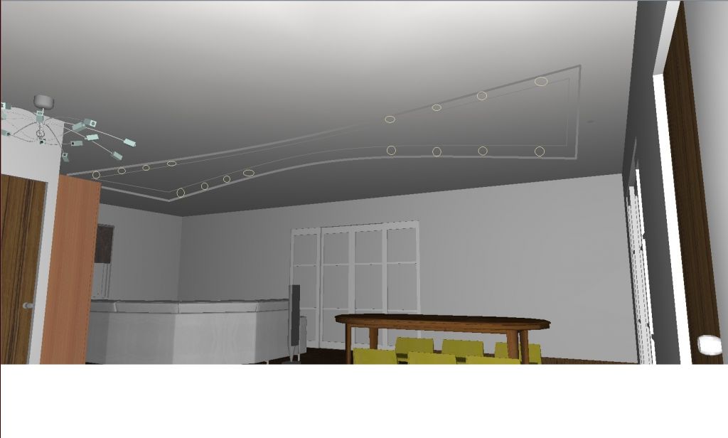 essaie de visualisation du faut plafond en 3d,  vue depuis la cuisine.
