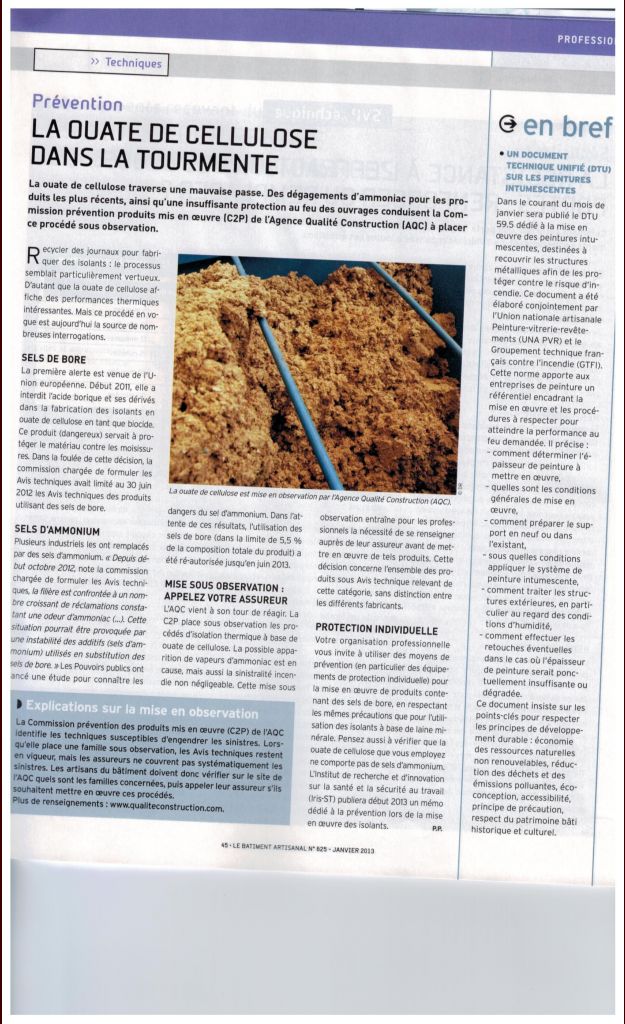 Article problème Ouate de Cellulose au phosphate d'ammonium.
