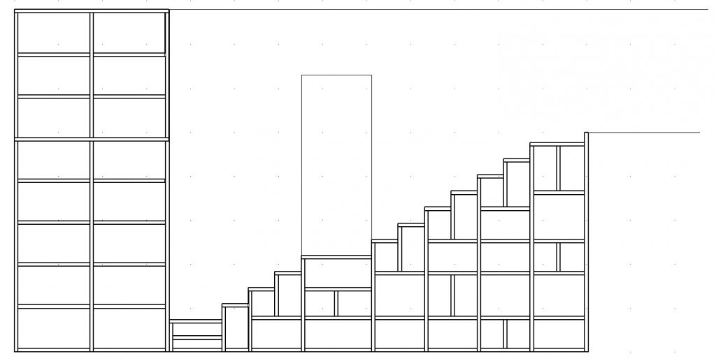 Plan de coupe de l'escalier avec le RDC1, la porte du RDC2 et sur la droite la niche-mezzanine.