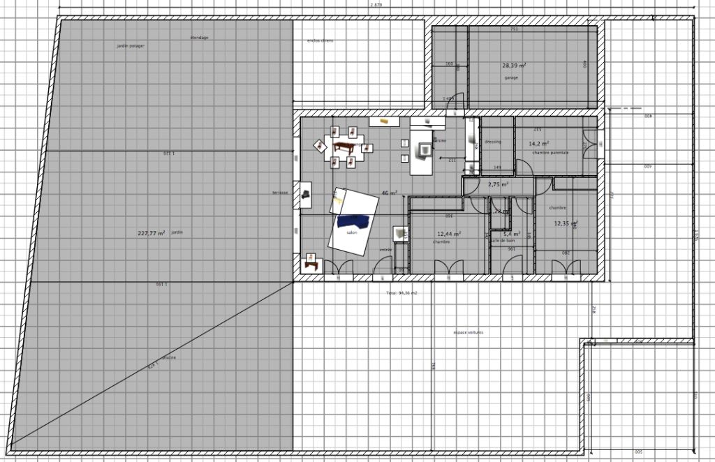 ide de plan, maison longue et rectangulaire, laissant un peu de place au sud