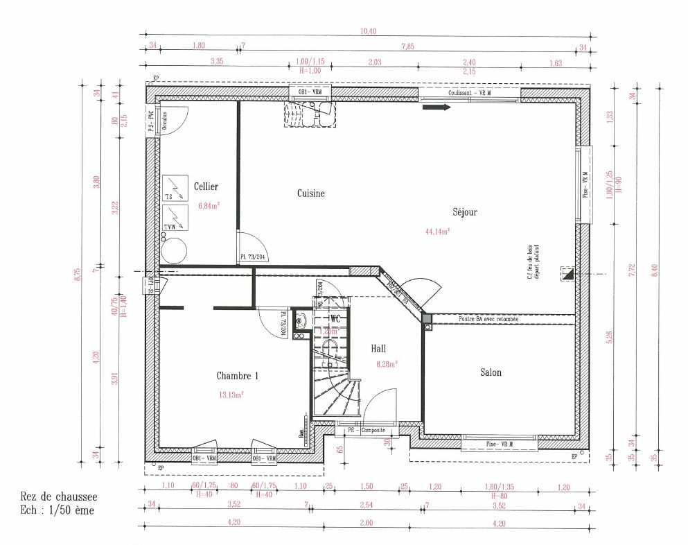 Nouveau plan du RDC suite  l'chec de la certification BBio. Une fentre a t supprime, la pice de vie a t agrandie et le WC a t dplac.