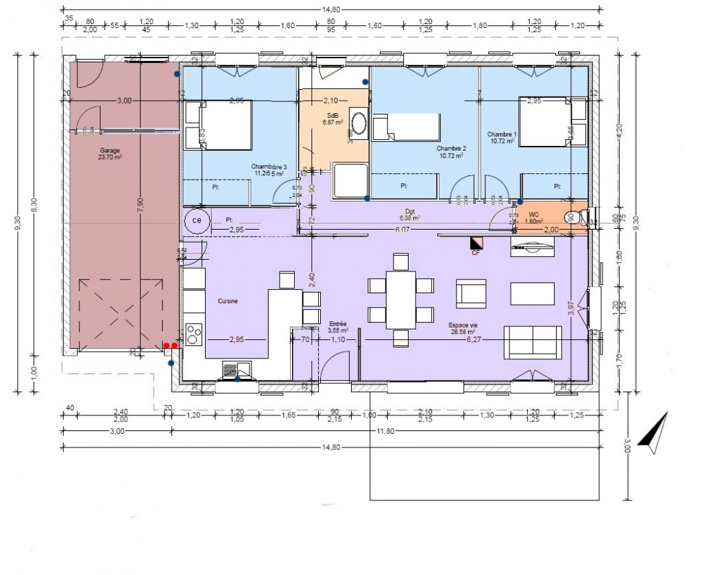 le plan dfinitif de la maison avec ses modifications
<br />
les points bleus= arrive d'eau; les points rouge: tableau elec et diffrenciel
