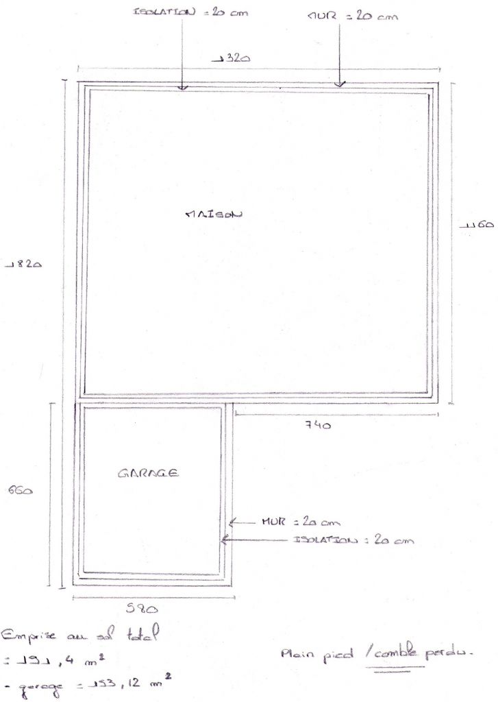 Brouillon plan de ma maison afin de calculer les emprises au sol