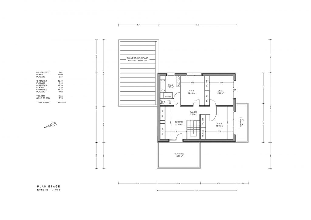 L'tage, avec son balcon et sa terrasse. Terrasse qui peut poser problme dans l'acceptation du PC: elle est situe  3,5m de la limite de proprit et va donc offrir une vue magnifique sur le jardin du voisin.