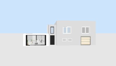 Vue 3D de la maison (sans son toit pente) et de l'extension en toit terrasse. Le cube central couvre l'escalier reliant ldes deux btiments