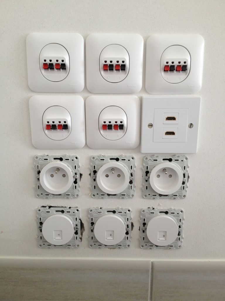 Le coin TV 
<br />
Ligne 1 : Enceintes
<br />
Ligne 2 : Enceintes et HDMI
<br />
Ligne 3 : 220V
<br />
Ligne 4 : R�seau informatique
<br />

<br />
A savoir que l'arriv�e antenne TV (et une 220V   HDMI) est d�cal�e au milieu du mur pour suspendre la TV...