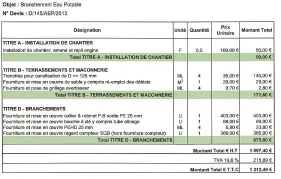 Photo du devis de raccordement  l'eau potable. Qu'en pensez-vous ?