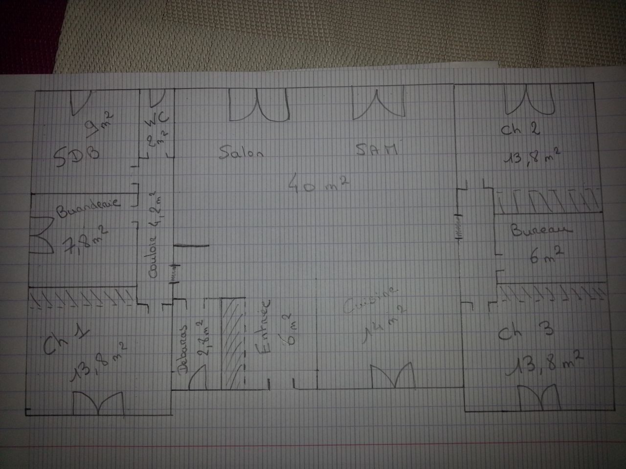 Voici le PLan de notre maison avec 3 espace bien definit : 
<br />
   - 1 cot "Parents", a Gauche, avec Chambre 1, SDB et Buanderie
<br />
   - 1 espace de vie au centre
<br />
   - 1 Espace "Enfants", Chambre 2 et 3 et Bureau qui se transformera en SDB par la suite.
<br />
Espace "ferm" par porte colissante.