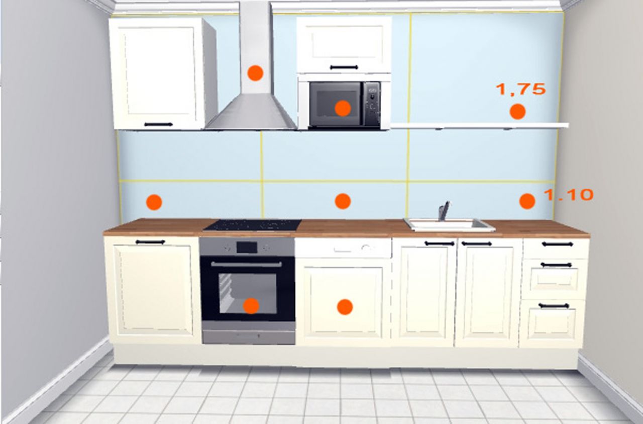 Représentation des prises électriques de la cuisine (attention : Four en 32 A et plaque de cuisson en 20 A, le reste des prises en 16 Ampères)