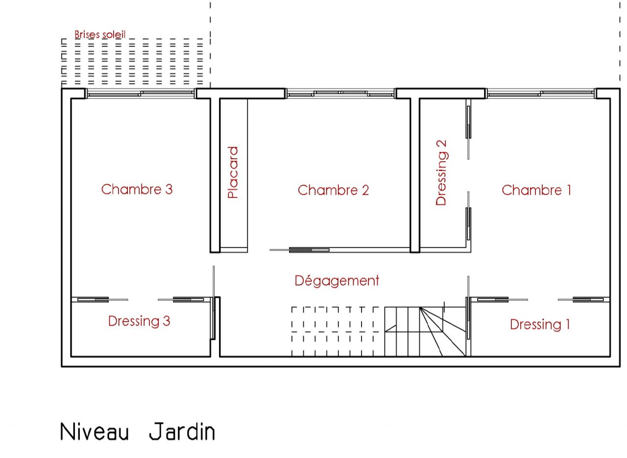 Ici nous avons les chambres qui se trouvent en R-1.
<br />
Elles sont au niveau du jardin.
<br />
Chaque chambre aura vue mer.