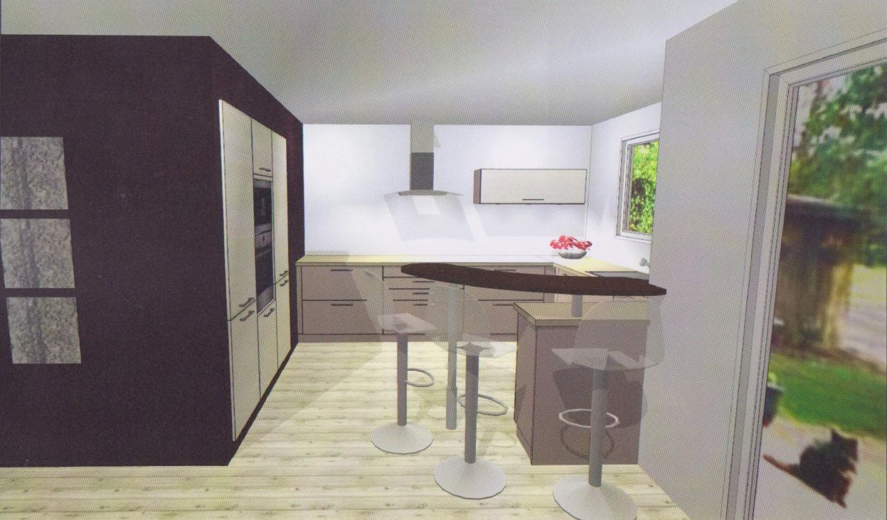 Plan 3D de la cuisine, vue du salon (l'angle de vue de la photo est plus large que la vision humaine, ce qui donne une impression plus "petite" que ce qu'on verra en ralit)